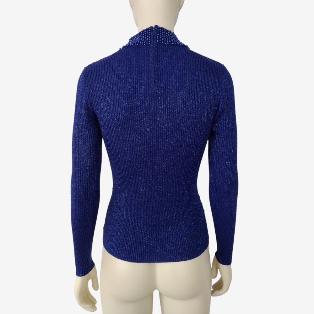 Vintage 1980s Blue Metallic Silk Beaded Stretch Knit Mock Neck Sweater - Picture 6 of 12